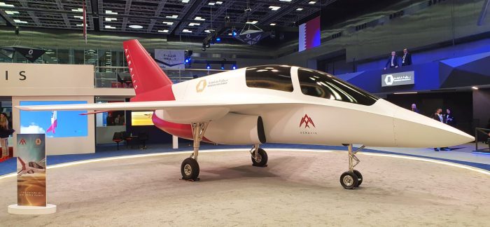 A three quarter shot of a full scale replica of the AERALIS jet at DIMDEX 2022 in Doha, Qatar