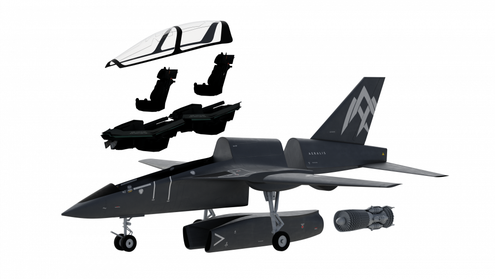 A 3D render of a dark grey military jet with its key modules separated.