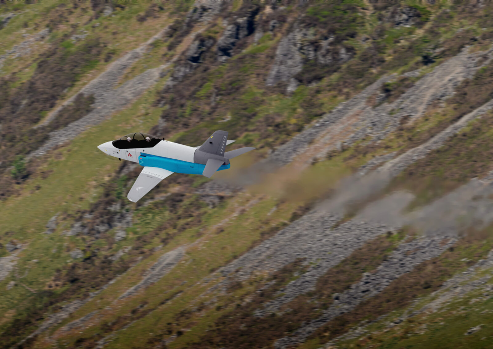 An AERALIS Trainer jet with twin engines roars away from the camera at low level through a valley in North Wales