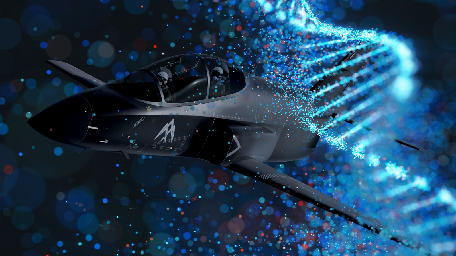 An AERALIS jet aircraft flying through a vibrant display of colourful particles and a DNA helix pattern, symbolising advanced technology and innovation in aviation.