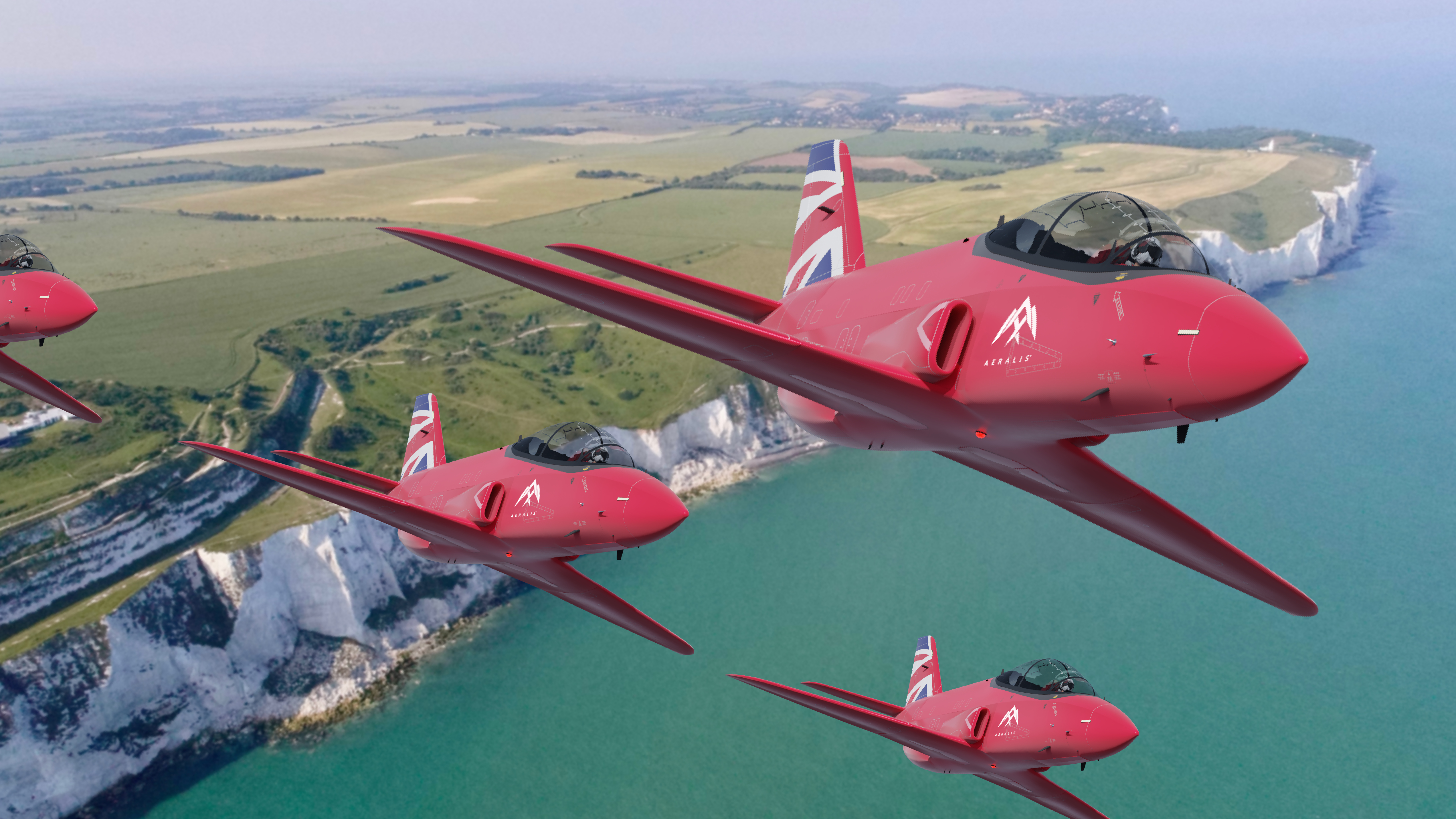 A render visualising a formation of red AERALIS aircraft flying over the white cliffs of Dover, England.