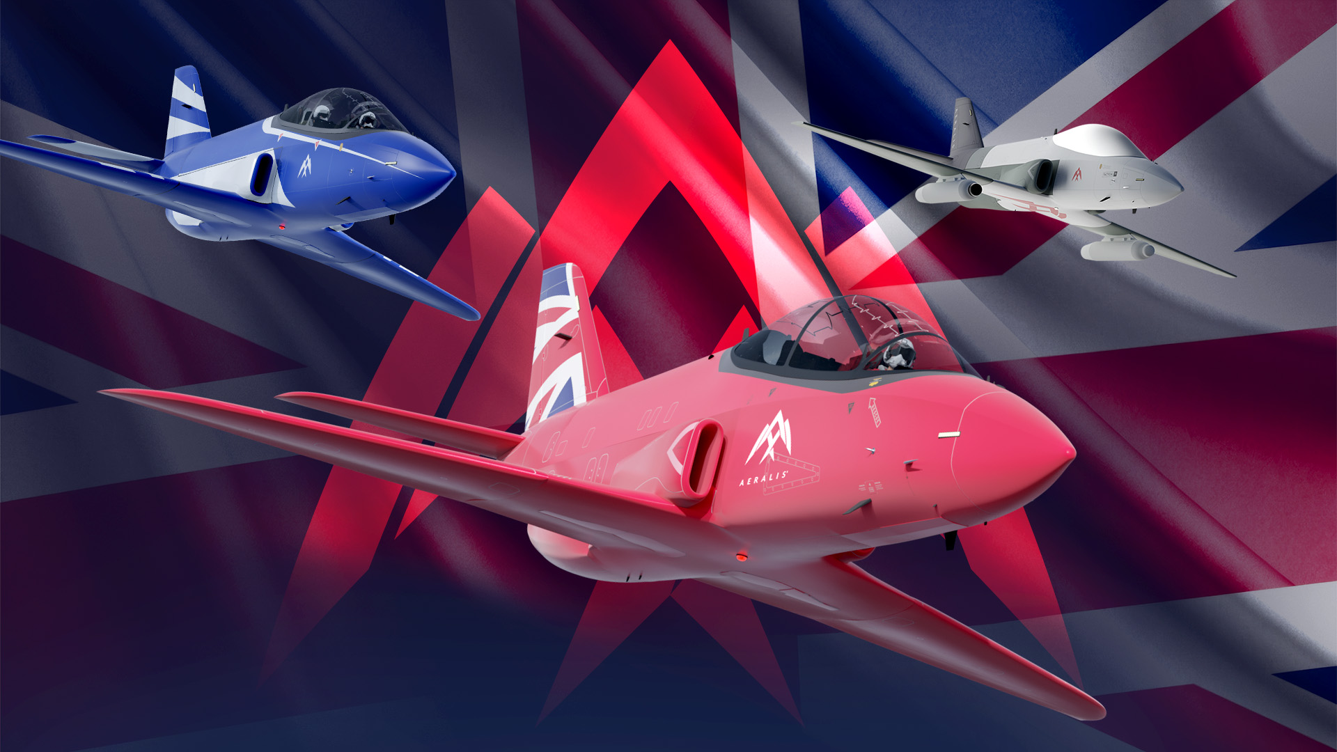 AERALIS modular jets flying in formation with the Union Jack flag and the AERALIS logo behind them