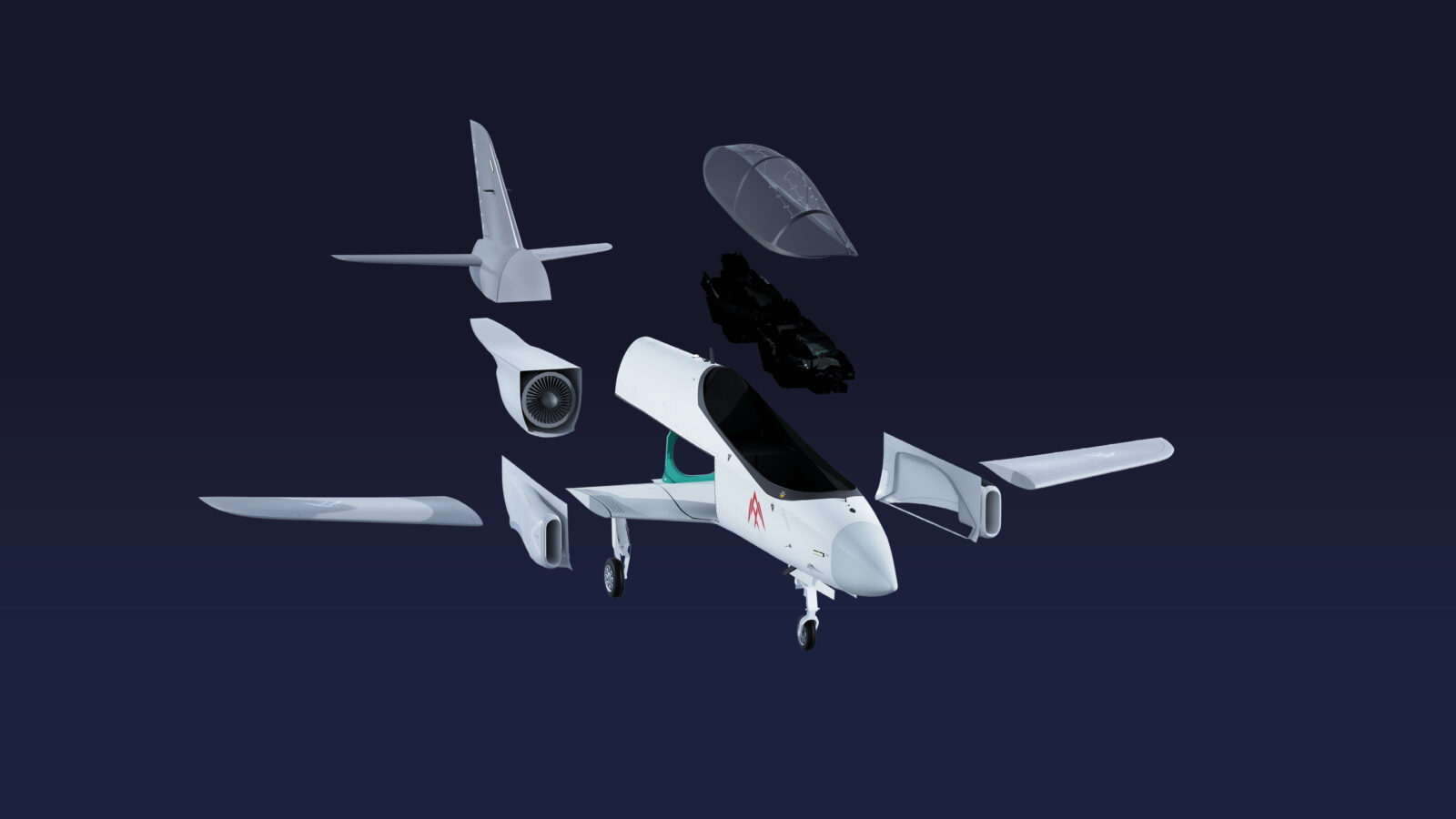A 3D exploded view of the AERALIS jet, showing which components are modular, including wings, empennage, cockpit and air intakes.