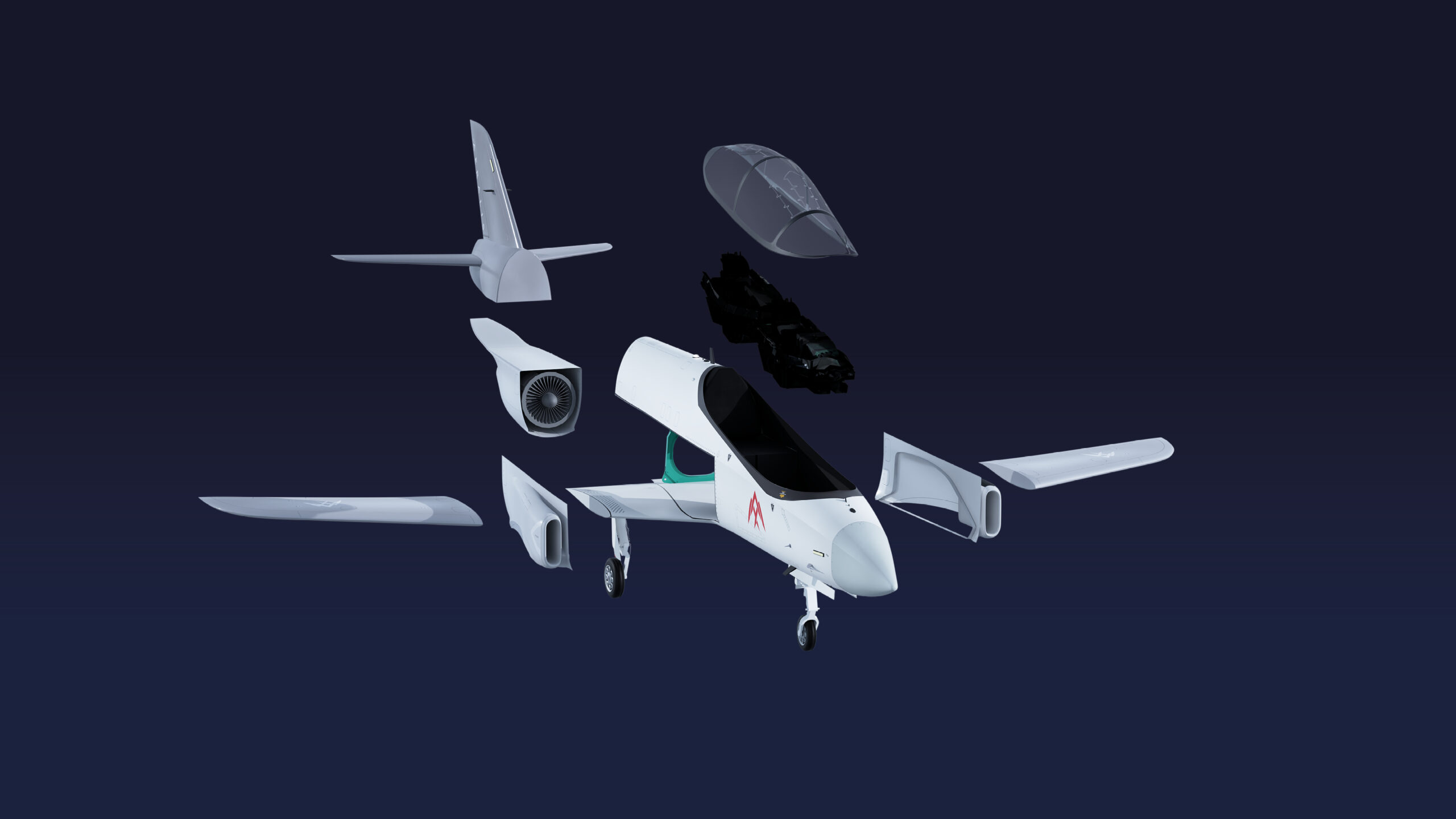 A 3D exploded view of the AERALIS jet, showing which components are modular, including wings, empennage, cockpit and air intakes.